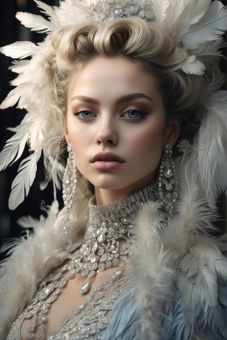ilustratie generata AI, femeie frumoasa, blonda, eleganta, purtand o tinuta cu pene albe si bleu, ornamente bogate din pietre stralucitoare la gat, cercei lungi din pietre albe si avand pe cap un ornament bogat din pene albe, cu un accesoriu din pietre argintii