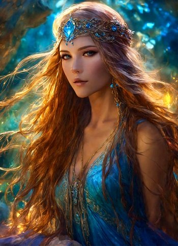 ilustratie generata AI, printesa imbracata in rochie albastra cu umerii dezgoliti, purtand pe cap o coroana aurie cu pietre albastre si fiind inconjurata de lumina albastra