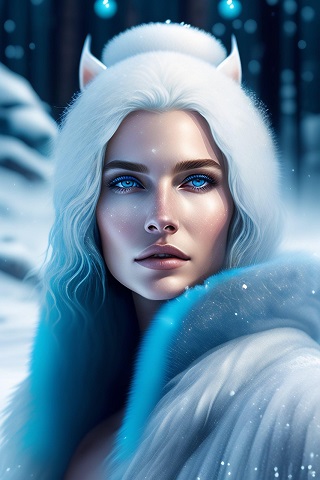 ilustratie generata AI, zeita a zapezii cu parul alb, imbracata intr-o haina cu blana in nuante de albastru, stand intr-un cadru de iarna in natura