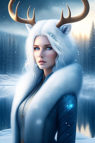 ilustratie generata AI, zeita a zapezii, personaj fantastic femeie cu coarne de cerb, cu parul alb, lung, imbracata intr-o haina eleganta albastra, stralucitoare, cu guler de blana alb, stand intr-un cadru de iarna cu brazi