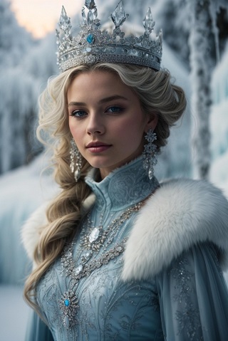 ilustratie generata AI regina blonda tanara imbracata cu rochie bleu decorata cu ornamente argintii si blana alba purtand cercei opulenti lungi argintii si coroana cu argintiu si cu albastru intr-un cadru natural cu zapada