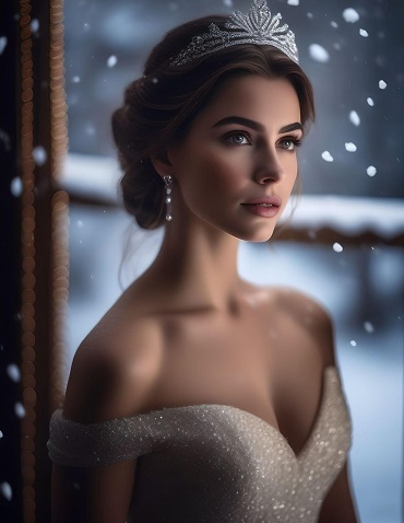 ilustratie generata AI printesa imbracata in rochie alba stralucitoare cu umerii dezgoliti purtand pe cap o diadema argintie si privind pe fereastra cum ninge 