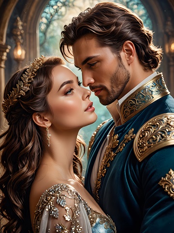 ilustratie generata AI, cuplu princiar moment romantic, printesa imbracata in rochie stralucitoare decoltata, cu diadema aurie pe cap, imbratisata de print, imbracata in haina albastra cu garnituri aurii, stand impreuna in interiorul unui palat