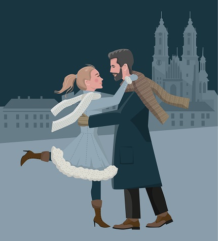 ilustratie generata AI, cuplu tanar imbratisandu-se, femeie cu parul prins in coada imbracata in palton bleu cu blanita alba pe poale, cu fular alb si partener imbracat cu palton albastru, cu fular maroniu, imbratisandu-se fericiti intr-un cadru de iarna dintr-un oras