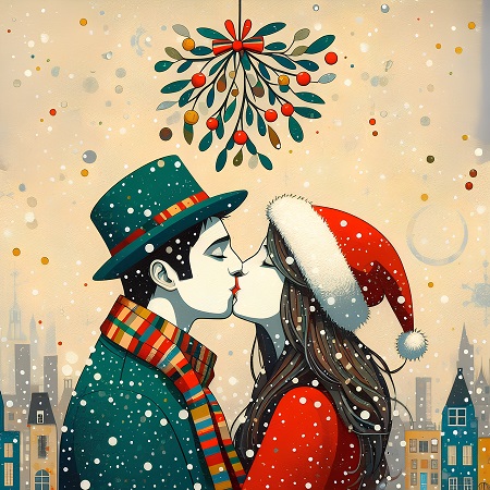 ilustratie generata AI, parteneri de cuplu sarutandu-se sub vasc, in timp ce ninge, partenera imbracata in haina rosie si cu caciulita de Mos Craciun pe cap, partener imbracat in haina verde, purtand palarie asortata si fular cu dungi colorate