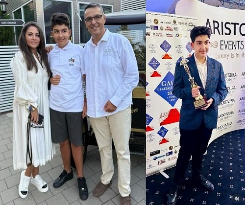 colaj imagini Oana Turcu imbracata in rochie alba, Cristi Brancu imbracat cu camasa alba si pantaloni bej, amandoi fericiti alaturi de fiul lor, Tudor, imbracata in uniforma de la scoala britanica la inceputul anului scolar si Tudor imbracata cu camasa alba, sacou albastru in carouri si pantaloni negri tinand in mana trofeul castigat la Gala Celebritatilor