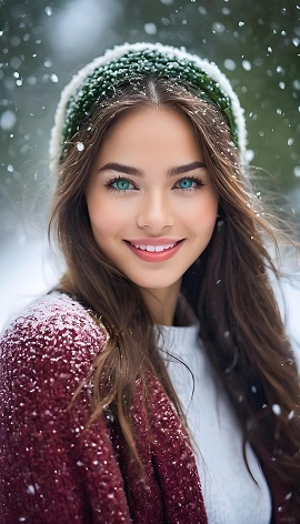 ilustratie generata AI, femeie tanara, vesela, cu parul lung, imbracata cu pulover alb, pulover visiniu, purtand pe cap o caciula verde, si stand intr-un cadru de iarna cu ninsoare