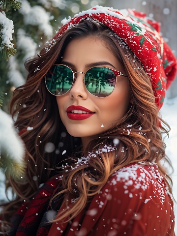 ilustratie generata AI, femeie frumoasa cu parul lung saten, intr-un cadrucu brazi inzapeziti, purtand ochelari cu rame rosii, caciula cu rosu si verde pe cap si fiind imbracata cu o haina rosu inchis