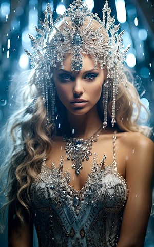 ilustratie generata AI, printesa mistica imbracata in rochie argintie, cu colier opulent argintiu si purtand pe cap o coroana masiva din pietre transparente