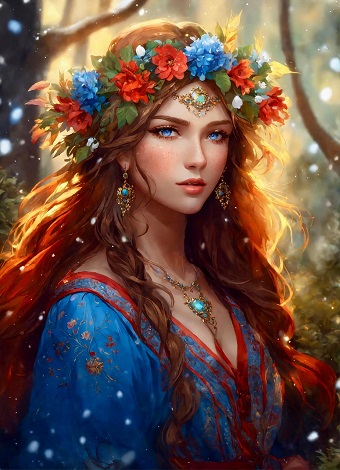 ilustratie generata AI, femeie tanara, frumoasa, in padure, inconjurata de luminite albe, imbracata intr-o rochie albastra cu ornament rosu, purtand la gat un colier cu piatra albastra, cercei lungi cu piatra albastra si avand pe cap o coronita de flori rosii si albastre