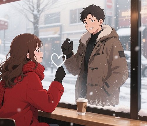 ilustratie generata AI, cuplu anime, partenera imbracata in palton rosu stand pe scaun intr-o cafenea si privind fericita o inima alba desenata pe geam in timp ce partenerul ei, imbracat in jacheta maro, ii zambeste si sta afara, in fata geamului