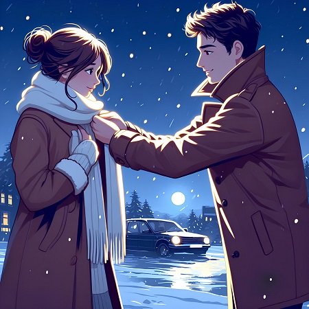 ilustratie generata AI, barbat tanar imbracat cu jacheta maro punandu-i un fular alb la gat unei tinere imbracata tot cu  o jacheta maronie, in timp ce stau afara, intr-o seara de iarna in care ninge
