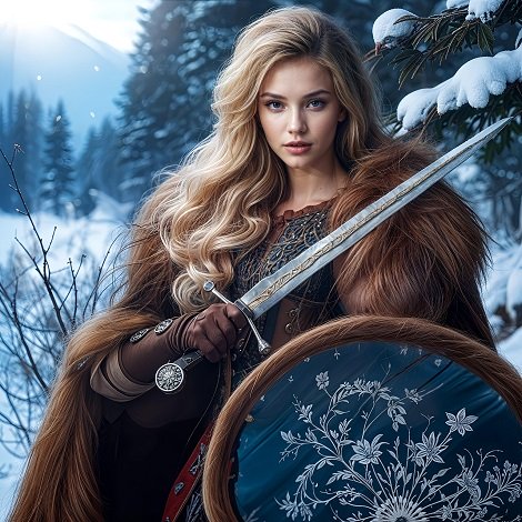 ilustratie generata AI, razboinica, amazoana intr-un cadru de iarna in aer liber, in preajma unor brazi incarcati de zapada,imbracata in tinuta maro, cu pelerina cu blana pe umeri, avand manusi maro, tinand intr-o mana o sabie si in cealalta un scut pe care se afla flori desenate cu alb
