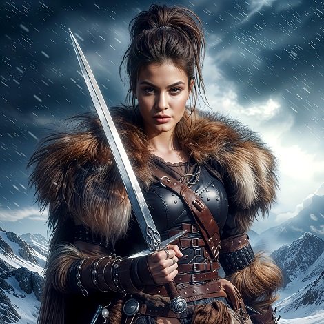 ilustratie generata AI, femeie razboinica, purtand parul strans, imbracata intr-un costum din piele, cu garnituri cu catarame, avand pe umeri o pelerina cu blana, tinand in mana o sabie in timp ce se afla intr-un cadru de iarnă, in fata unor munti inzapeziti intr-o zi cu ninsoare