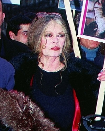 fotografie veche color, actrita Brigitte Bardot imbracata cu palton negru, tinand in mana o pancarta in timpul unei demonstratii legata de protectia drepturilor animalelor