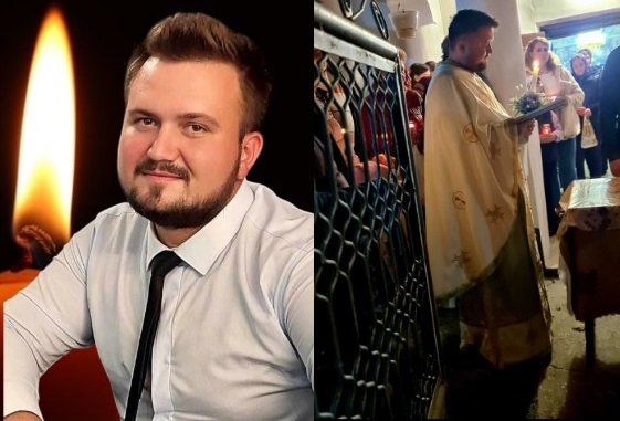 colaj imagini preot Constantin M&acirc;ndruță, imbracat in camasa alba cu cravata negra, avand in spatele lui o lumanare arzand si preotul Constantin in haine bisericisti, cand oficiaza slujba intr-o biserica plina de credinciosi