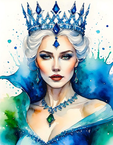 ilustratie generata AI, regina cu parul alb strans, imbracata cu rochie decoltata in nuante de albastru si vede, purtand la gat un colier cu pietre pretioase albastre si verzi, cercei lungi albaștri si avand pe cap o coroana din pietre albastre, cu un ornament pe frunte