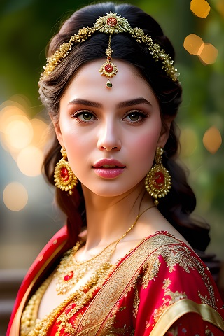ilustratie generata AI, femeie tanara, frumoasa, imbracata intr-o rochie inspirata din traditia Indiana, rosie cu auriu, purtand la gat un colier auriu cu piatra pretioasa rosie, cercei lungi asortati si avand pe cap o diadema aurie cu rosu
