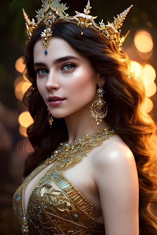 ilustratie generata AI, femeie tanara, frumoasa, cu parul lung, inconjurata de luminite aurii, imbracata in auriu, purtand la gat un ornament opulent auriu, cercei lungi si o coroana aurie pe cap