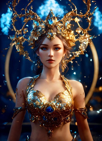 ilustratie generata AI, printesa imbracata cu o bustiera metalica aurie cu pietre albastre, avand pe brate ornamente din acelasi material, purtand cercei aurii lungi si avand pe cap o coroana opulenta aurie, cu aspect de ramuri, cu pietre mari albastre 