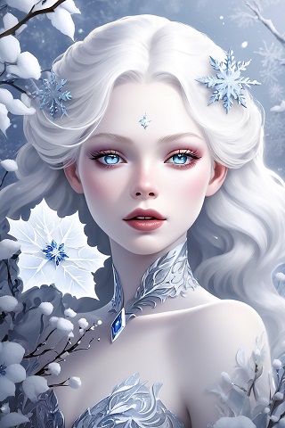 ilustratie generata AI, tanara frumoasa cu parul lung si alb, imbracata intr-o rochie alba, avand fulgi de nea in par si fiind inconjurata de flori albe si de ramuri pline de zapada intr-un cadru de iarna 