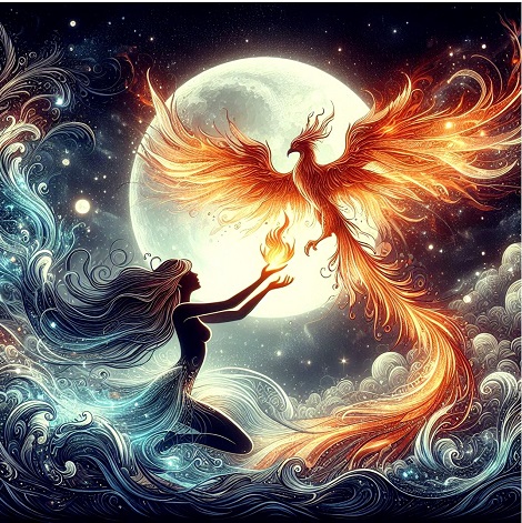 ilustratie generata AI, femeie cu rochie lunga,cu parul lung, care sta in genunchi, cu mainile spre cer, uitandu-se spre luna plină de pe cerul instelat, in timp ce isi tine bratele ridicate, din care ies flacari, indreptate spre o pasare Phoenix de foc