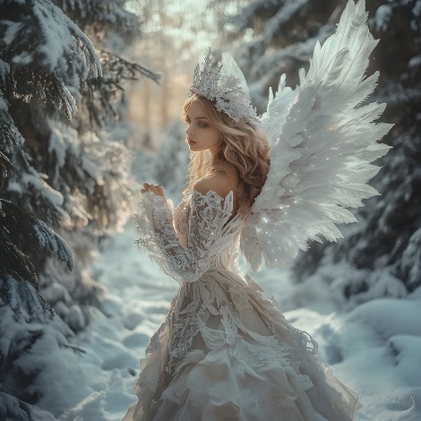 ilustratie generata AI, femeie tanara cu aripi albe de inger, imbracata cu rochie alba lunga, de dantela, cu coroana alba pe cap, in timp ce se afla intr-o padure de brazi iarna