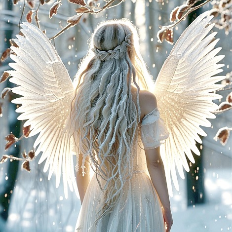 ilustratie generata AI, femeie inger cu aripi albe stand cu spatele, imbracata cu rochie lunga alba,cu umeri dezgoliti, intr-un cadru de iarna cu copaci cu cateva frunze moarte ninsi 