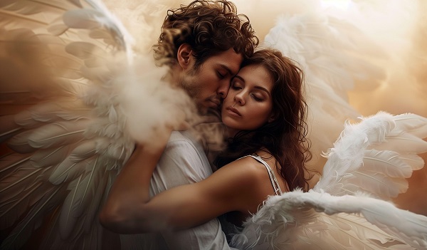 femeie imbracata cu rochie alba cu bretele, cu aripi albe de ingeri, tinand ochii inchisi in timp ce isi imbratiseaza cu putere partenerul, imbracat cu camasa alba, ce are si el aripi albe de inger, amandoi fiind inconjurati de nori
