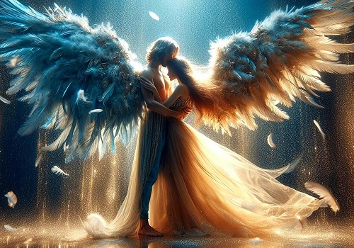 ilustratie generata AI, inger barbat cu aripi albe, imbracat cu pantaloni albi, strangandu-si la piep partenera imbracata cu rochie lunga, vaporoasa, amandoi aflandu-se intr-un spatiu interior, sub o ploaie de pene provenite de la aripile de inger