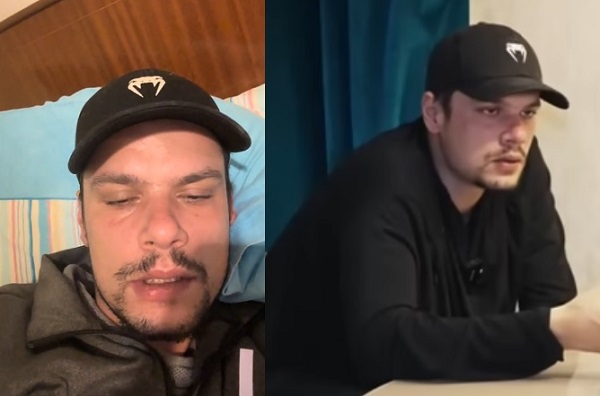 colaj imagini, Mario Iorgulescu imbracat in gri,cu salpca neagra pe cap, stand pe o perna bleu in clinica de psihiatrie din Italia in care este internat, filmand un live pe TikTok, si Mario Iorgulescu imbracat in negru, cu sapca neagra, in timpul unui interviu