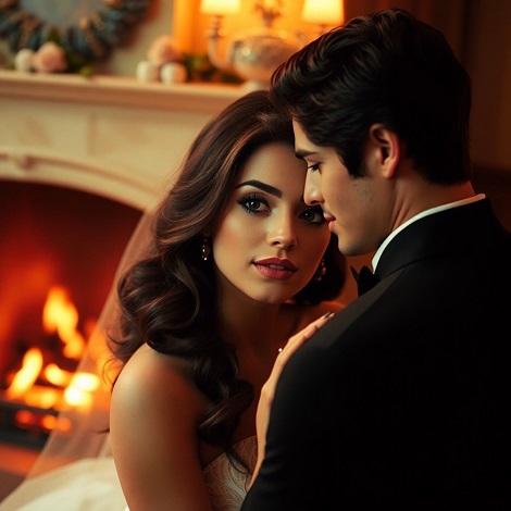 ilustratie generata AI, cuplu casatorit, mireasa in rochie alba, ganditoare, cu val pe cap, stand la pieptul mirelui, imbracat in costum negru, amandoi stand intr-o incapere in care exista un semineu alb in care se vad flacarile