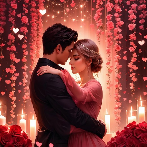 ilustratie generata AI, parteneri de cuplu care se imbratiseaza de Ziua Indragostitilor, intr-un cadru romantic cu inimioare, trandafiri si lumanari aprinse, partenera imbracata cu rochie roz imbratisandu-si partenerul imbracat cu sacou de culoare inchisa