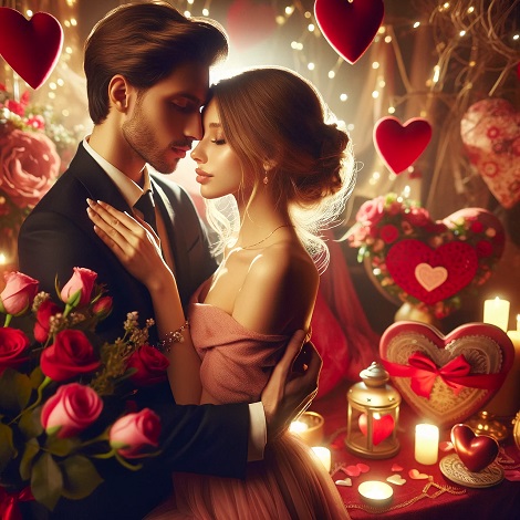 ilustratie generata AI, cuplu de Ziua Indragostitilor intr-un cadru romantic cu inimi, trandafiri si lumanari, partenera imbracata cu rochie roz cu umerii dezgoliti tinandu-si mainile pe umerile partenerului ei, imbracat cu camasa alba, cravata neagra si sacou negru