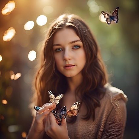 ilustratie generata AI, femeie tanara, cu parul lung, saten, imbracata cu bluza sau rochie maro deschis,care tine pe degete fluturi colorati si este inconjurata de lumini aurii si de alti fluturi