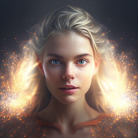 ilustratie generata AI, portret de femei blonda, cu ochi albastri, tanara, cu parul lung, inconjurată de lumina aurie