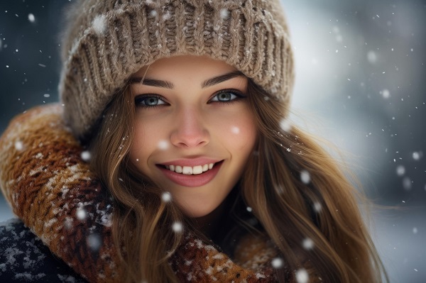 ilustratie generata AI, femeie tanara, frumoasa, zambitoare, imbracata cu haina groasa, cu guler mare de lana in nuante de maro, cu caciula de lana maronie pe cap, in timp ce se afla intr-un cadru cu ninsoare 