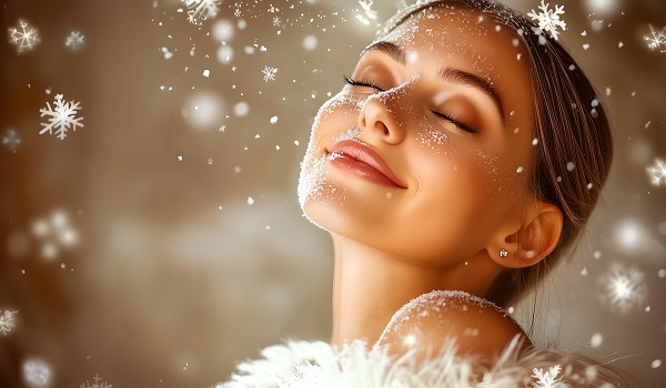 ilustratie generata AI, femeie tanara, frumoasa, cu parul strans, cu capul lasat pe spate si ochii inchisi, zambind, in timp ce este inconjurata de fulgi de zapada artificiali si pe fata ei se afla o pulbere fina de zapada artificiala