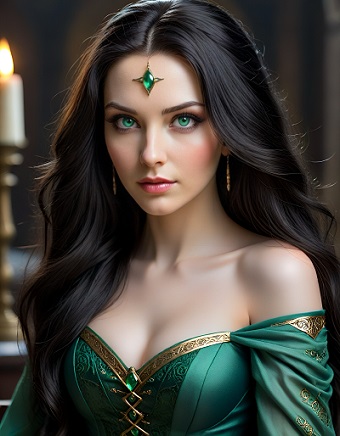 ilustratie generata AI, femeie tanara, frumoasa, vrajitoare, cu par lung, negru, imbracata cu rochie verde cu ornamente aurii decoltata si cu umerii dezgoliti, avand pe frunte un ornament dintr-o piatra verde si observandu-se pe fundal o lumanare alba arzand
