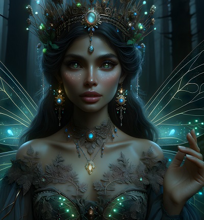 ilustratie generata AI, zana inaripata printesa imbracata cu rochie verde cu broderie bej, cu colier din broderie si lantisor auriu, cu piatra vernil, cu cercei lungi cu piatra albastra, purtand pe cap o coroana cu frunze, cu auriu si cu pietre albastru-verzui, tinand una dintre maini ridicate in timp ce se afla intr-o padure
