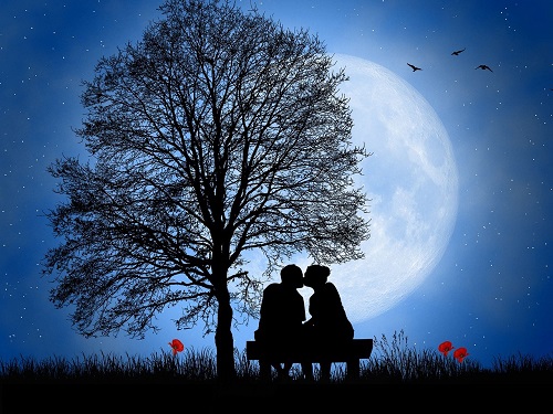 ilustratie generata AI, moment romantic cuplu, parteneri stand pe o banca si sarutandu-se in timp ce se afla intr-un cadru nocturn, cu luna plina, in natura, langa un copac, pe o pajiste cu flori rosii