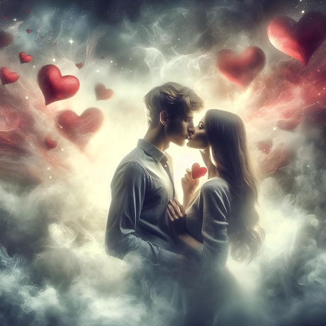 ilustratie generata AI, Ziua Indragostitilor, cuplu tanar intr-un cadru cu nori si inimi, partener imbracat cu camasa cu maneca lunga sarutandu-si partenera imbracata cu bluza gri cu maneca lunga, care tine in mana o inimioara