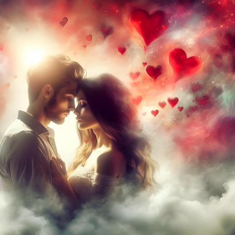 ilustratie generata AI, Ziua Indragostitilor, cuplu tanar intr-un cadru cu nori si inimi, partenera imbracata cu rochie cu umerii dezgoliti lipindu-si fruntea de cea a partenerului ei, imbracat cu camasa gri cu maneca lunga
