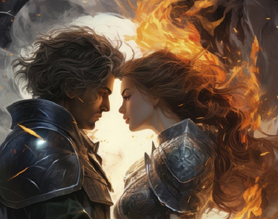 ilustratie generata AI, parteneri de cuplu stand cu fata unul la celalalt, ambii fiind imbracati cu armuri argintii, partenera avand flacari in preajma parului 