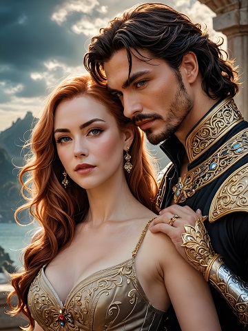 ilustratie generata AI, cuplu princiar in aer liber, ce sta cu spatele la o apa, partenera imbracata cu rochie bej-aurie, decoltata, cu bretele subtiri si purtand cercei aurii lungi, partener care ii atinge umarul cu mana, fiind imbracat cu haina inchisa la culoare, decorata cu portiuni aurii, ca de armura