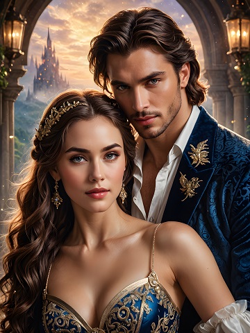 ilustratie generata AI, cuplu princiar aflat intr-un spatiu cu arcade si stalpi cu felinare, cuplul stand cu spatele la un castel ce se vede in zar, partenera imbracata cu rochie albastra cu auriu decoltata, cu umerii dezgoliti, cu diadema si cu cercei aurii, partener care o tine in brate si care este imbracat cu camasa alba si haina albastra, cu ornament auriu pe piept