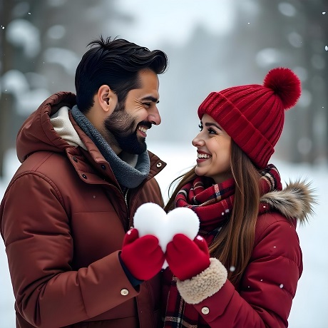 barbat imbracat cu jacheta visinie, purtand fular gri, zambind in timp ce isi priveste partenera imbracata cu geaca rosie, cu fular in carouri la gat si cu caciula rosie pe cap, ambii parteneri purtand manusi si tinand in mana o inima de zapada intr-un spatiu in aer liber