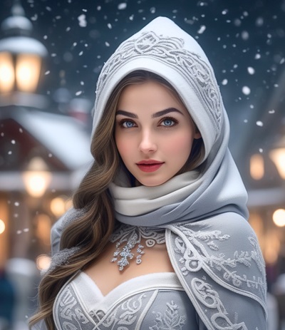 femeie tanara, frumoasa, imbracata cu rochie gri decorata cu fulgi de nea, avand pe cap o gluga asortata cu rochia, aflandu-se langa case luminate intr-un oras intr-o zi de iarna cu ninsoare