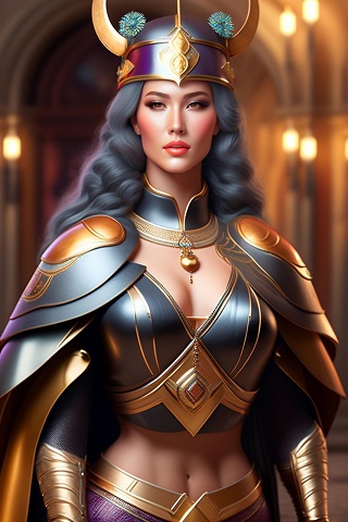 ilustratie femeie-razboinic purtand corset cu auriu si argintiu din armura, pelerina de armura si avand pe cap un coif de armura mov, cu ornamente albastre si coarne aurii