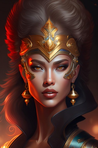 ilustratie portret de femeie-razboinic, imbracata cu armura cu guler inalt negru, purtand cercei lungi aurii si avand pe frunte si pe tample un fel de coroana cu auriu si cu albastru